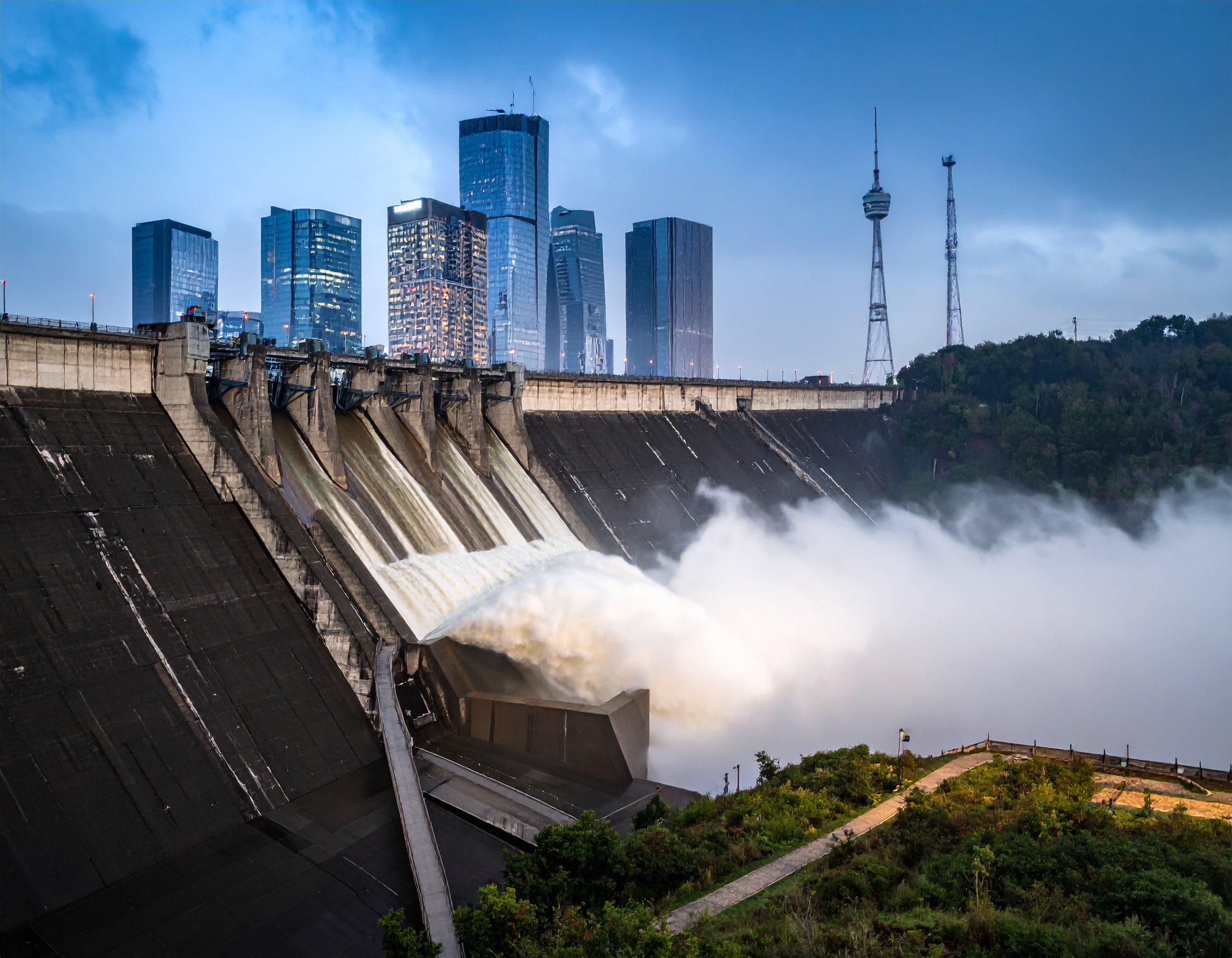 A powerful, realistic image of a massive concrete dam releasing a controlled surge of 359806