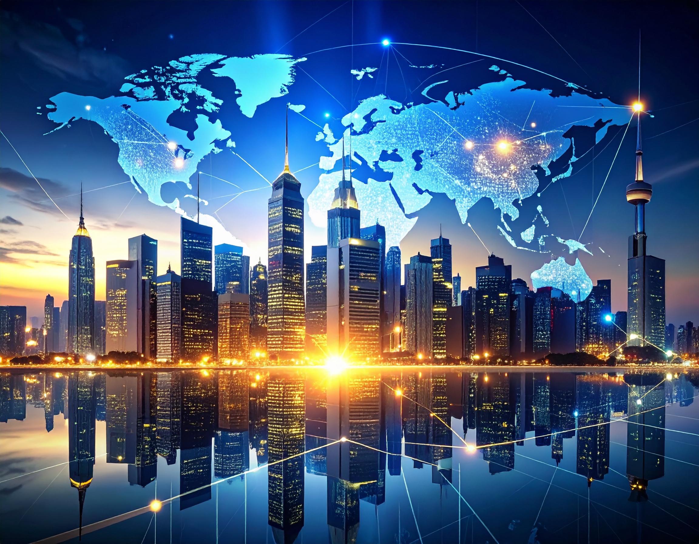 Photo-realistic image of a dynamic city skyline merging with glowing digital investme 578157