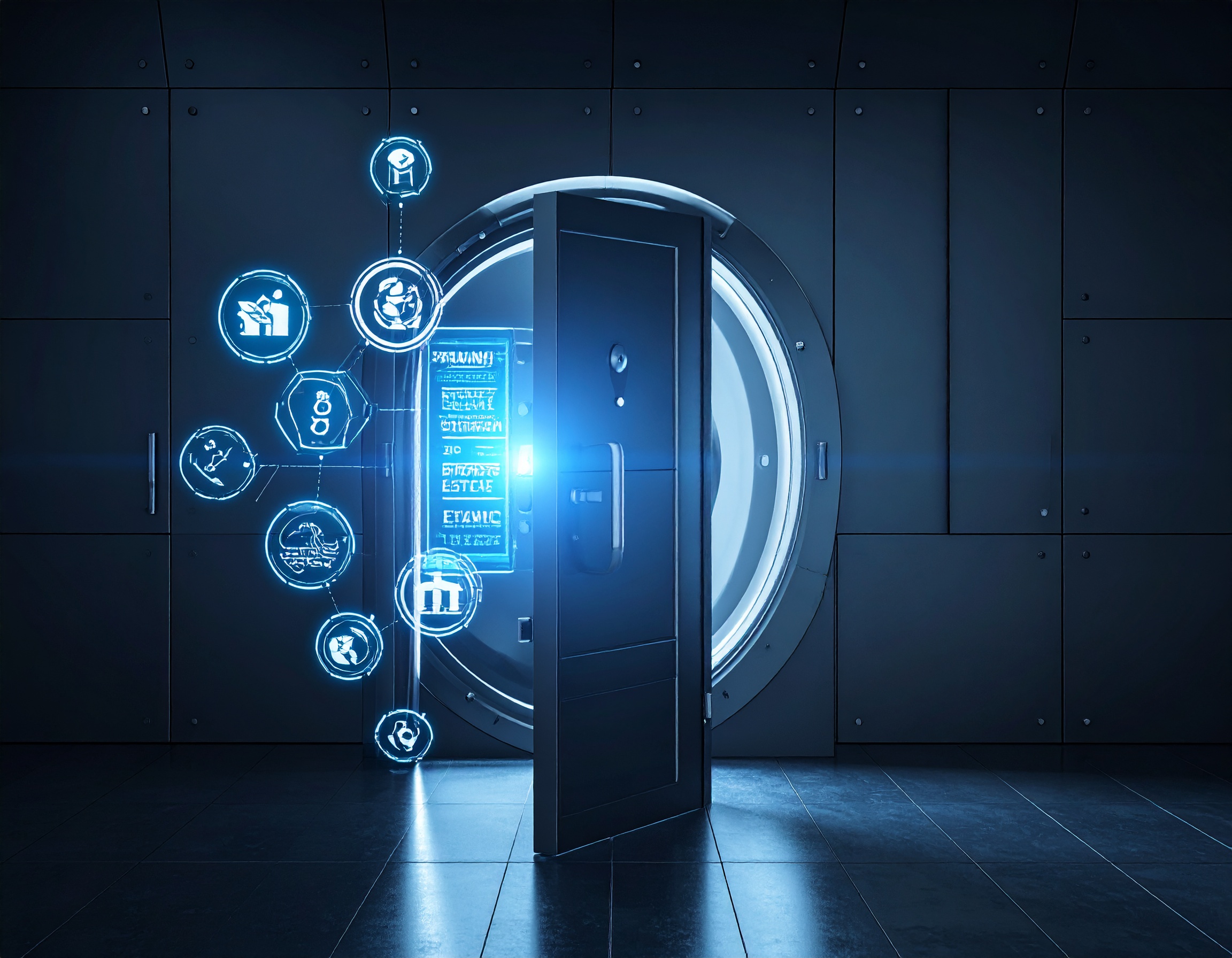 Photo-realistic image of a modern vault door slightly open, revealing abstract glowin 359806